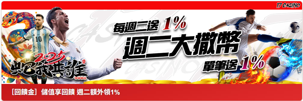 17娛樂城週二灑幣優惠活動，每週二儲值享受1%額外回饋
