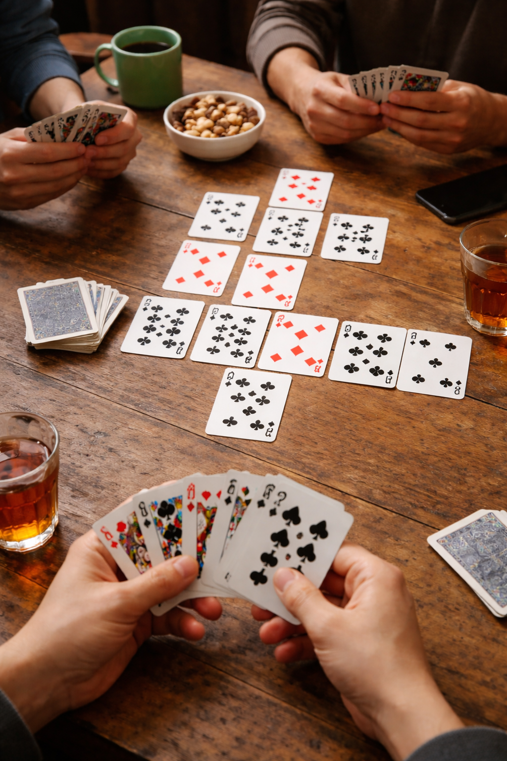 排七撲克牌遊戲實體對戰畫面，玩家圍桌出牌進行經典排七玩法